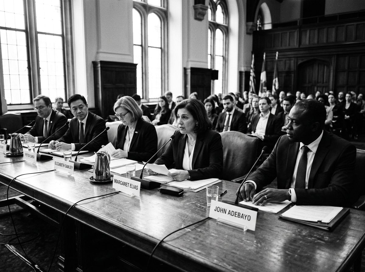 Officials seated at a long conference table with microphones and name plates