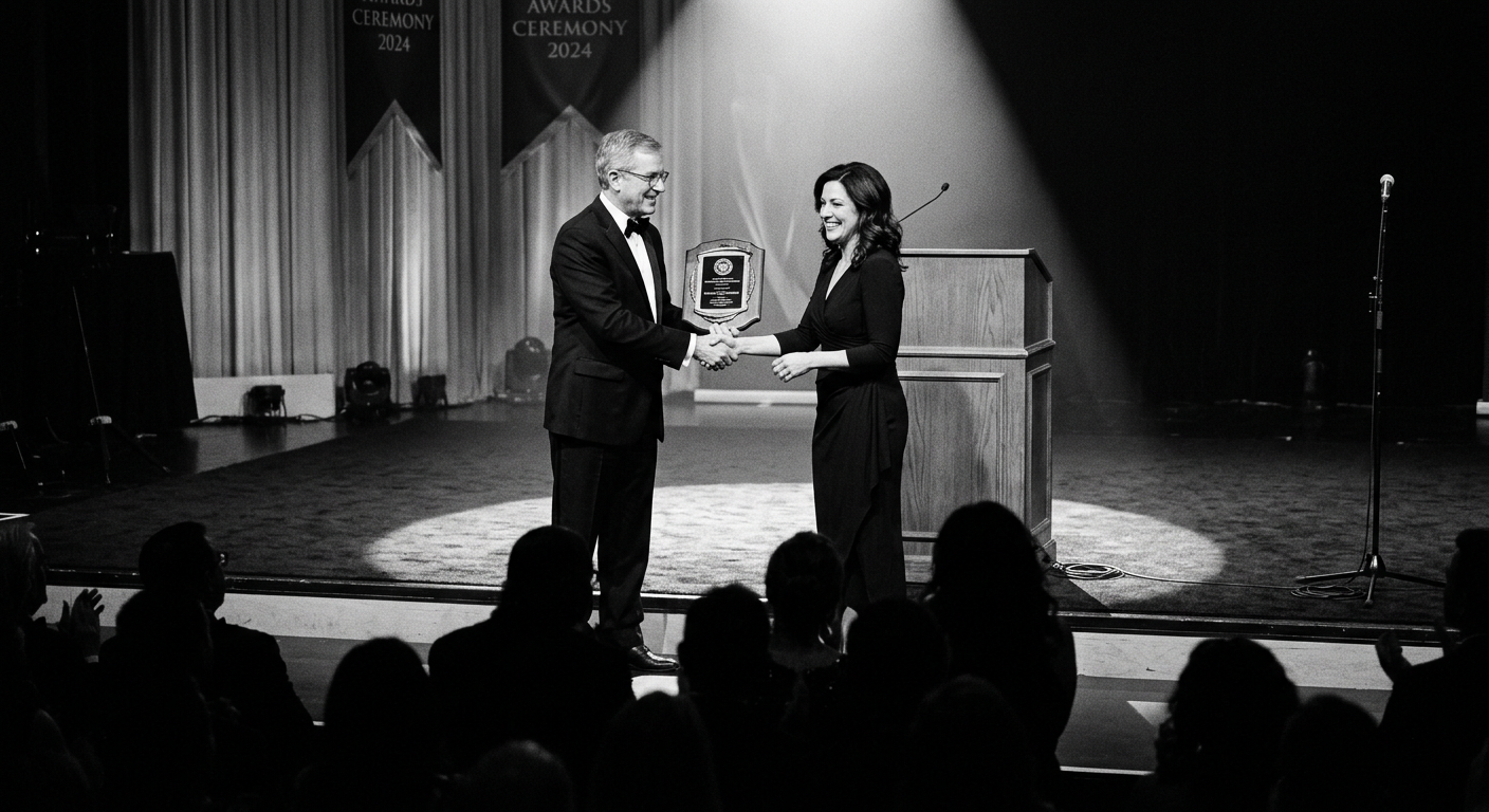 An official presenting a plaque and shaking hands on stage