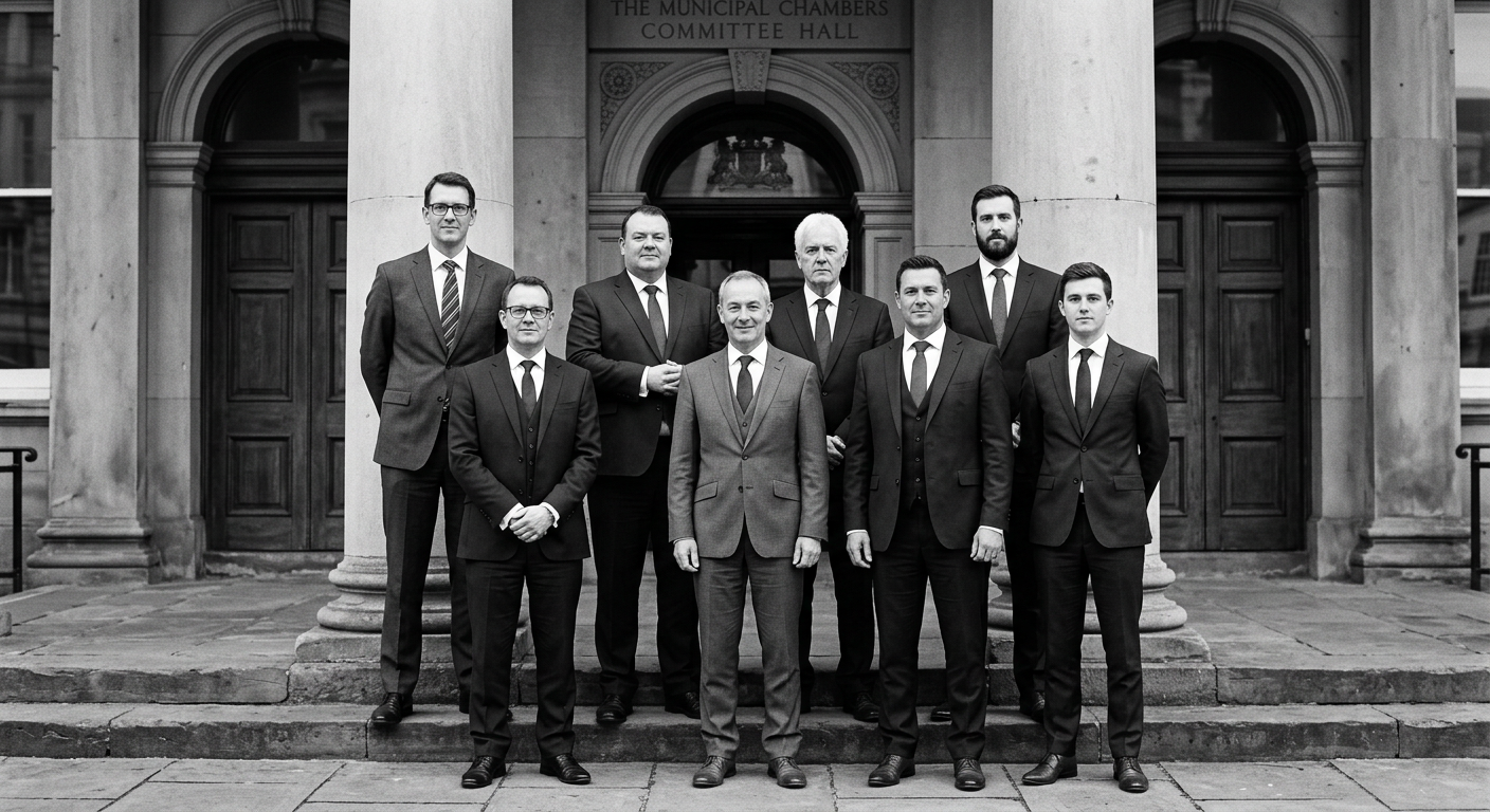 Group portrait of committee officials standing in two rows before a columned entrance