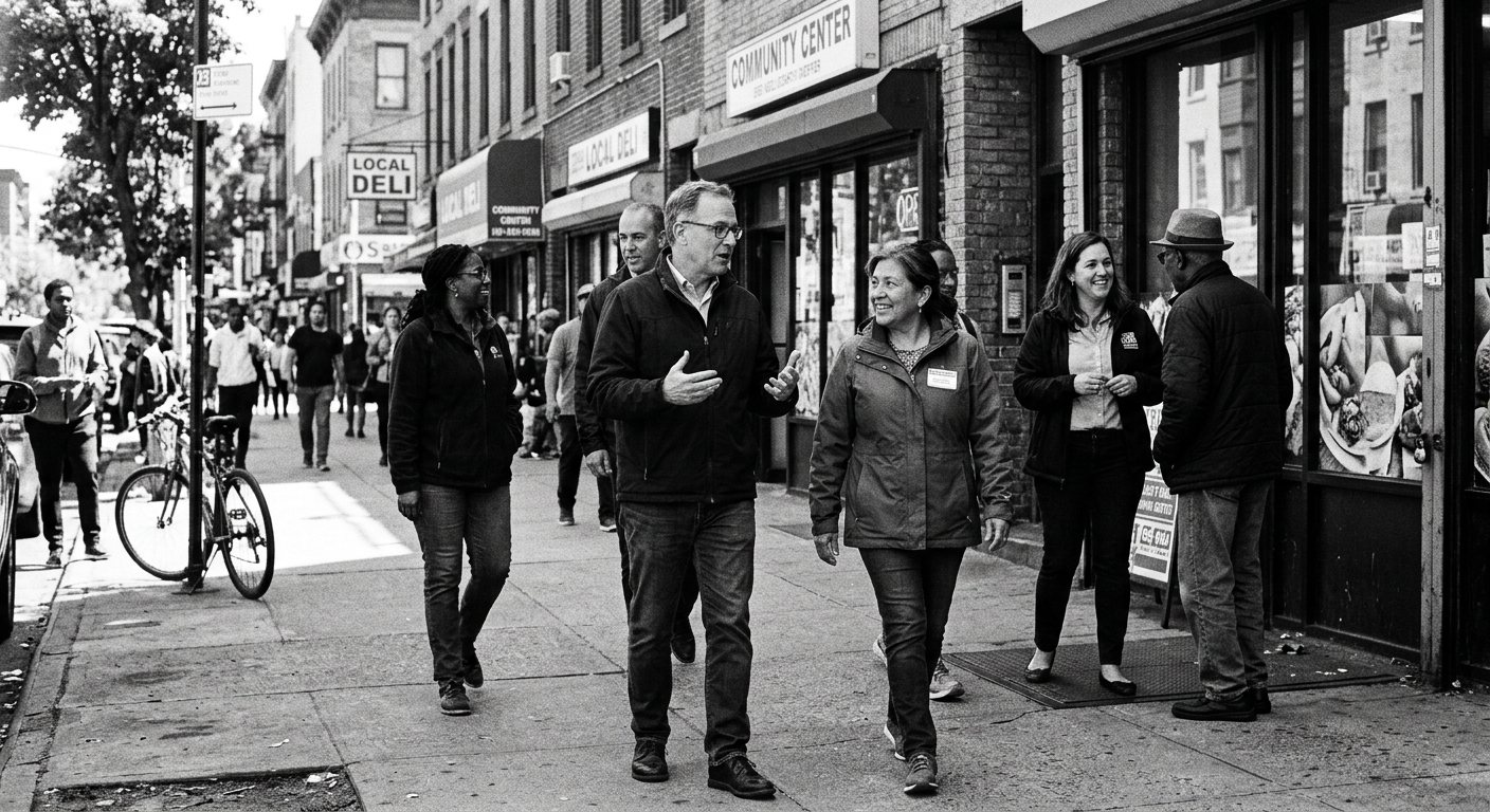 Officials walking and talking with community members on a street