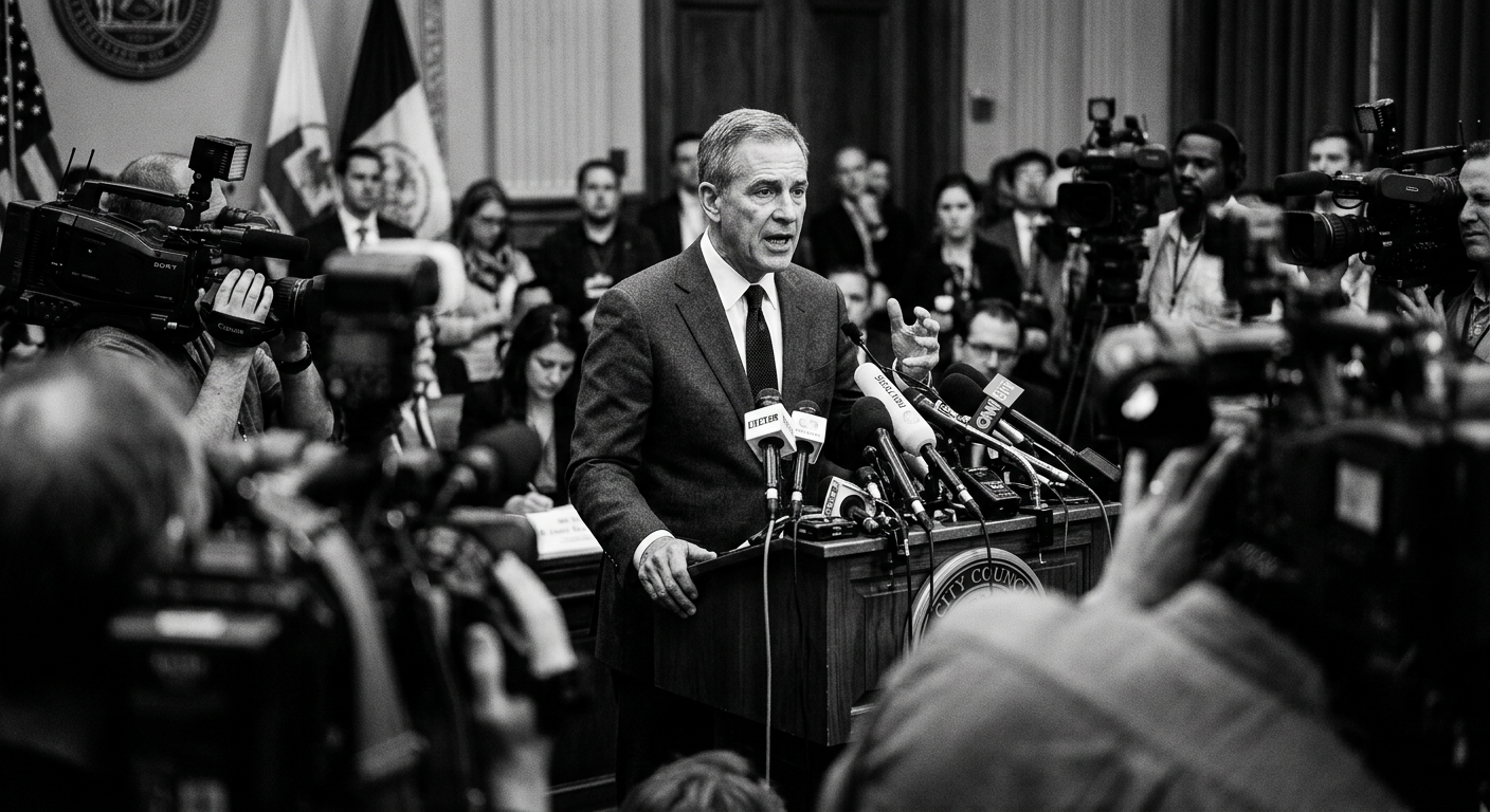 An official speaking at a podium in front of microphones and cameras