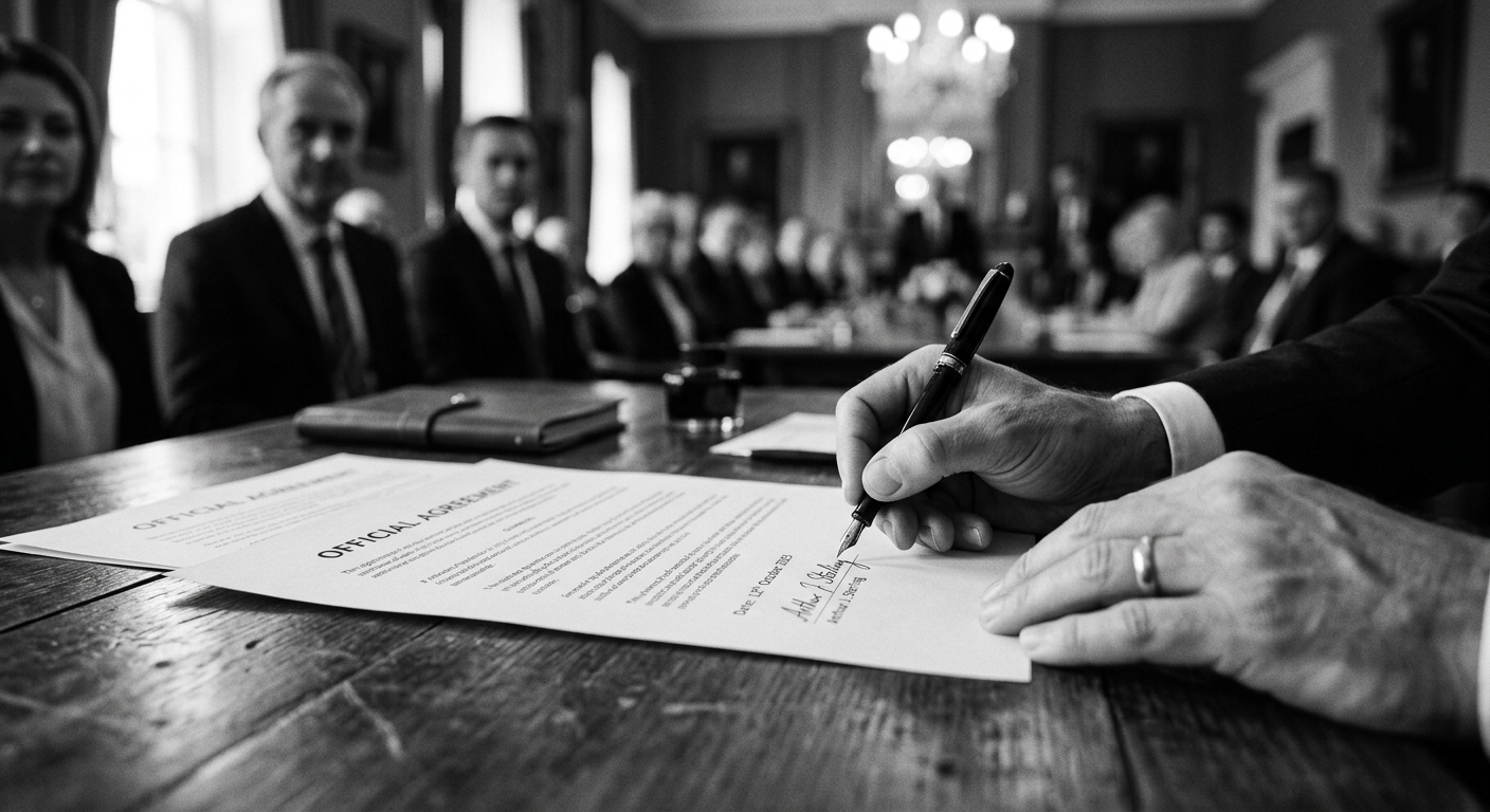 Close-up of a hand signing a document with a fountain pen